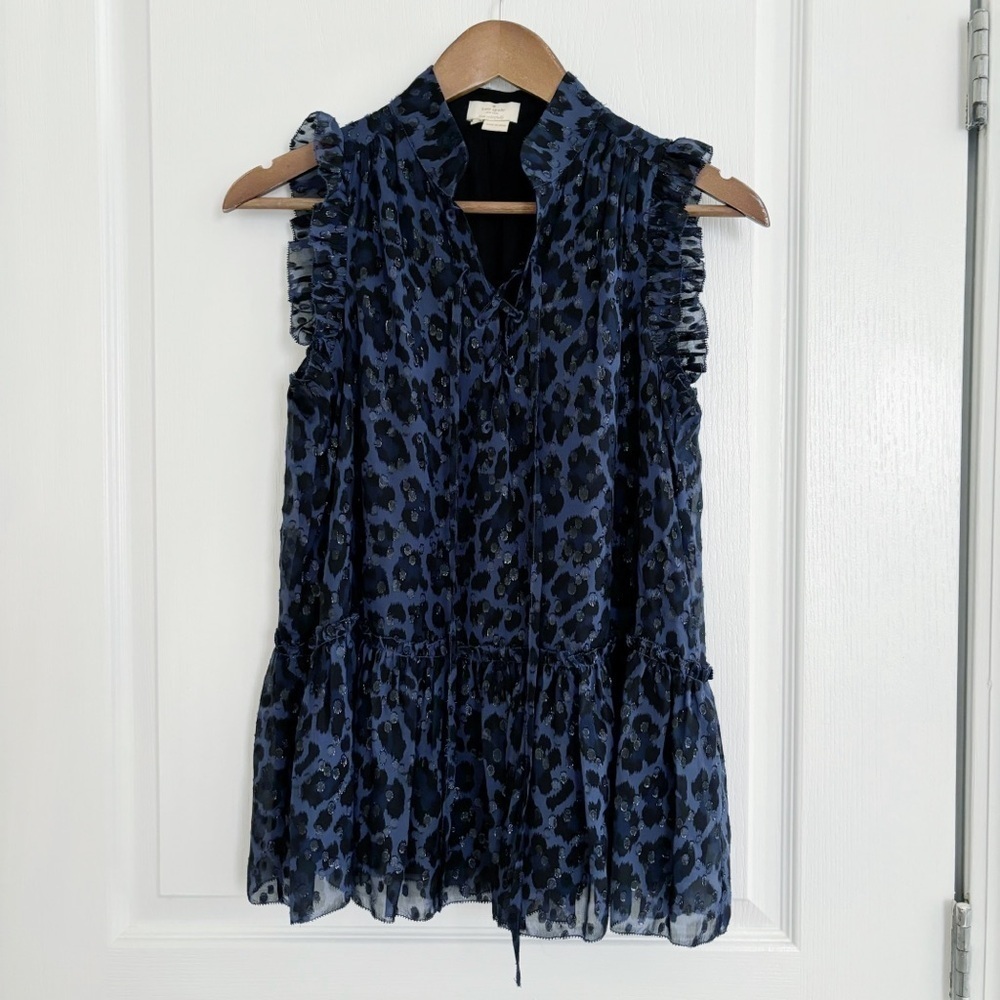 Kate Spade Blue Metallic Leopard Print Silk Chiffon Blouse XS